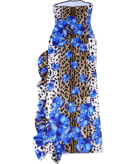Daring Bloom: Blue Floral & Leopard Print Strapless Maxi Dress with High Slit – Fall & Holiday Glamour