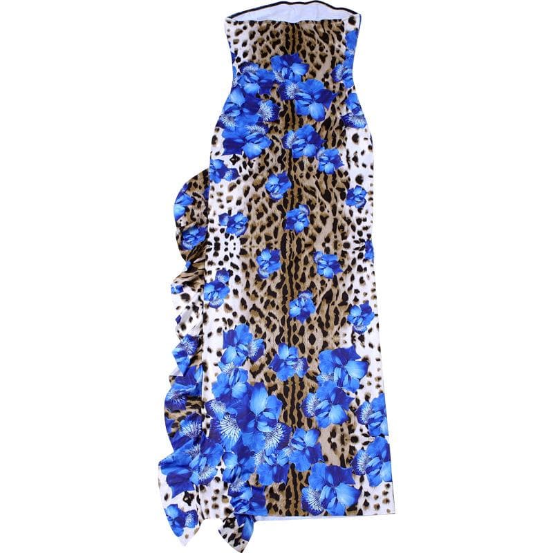 Daring Bloom: Blue Floral & Leopard Print Strapless Maxi Dress with High Slit – Fall & Holiday Glamour