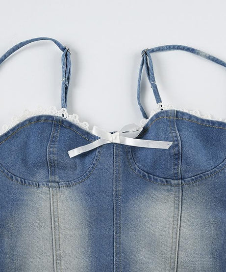 Y2K Coquette Denim Bustier Cami Top with Dainty Lace & Bow - Fall Ready Frayed Hem