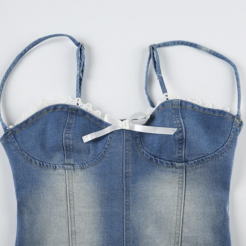 Y2K Coquette Denim Bustier Cami Top with Dainty Lace & Bow - Fall Ready Frayed Hem