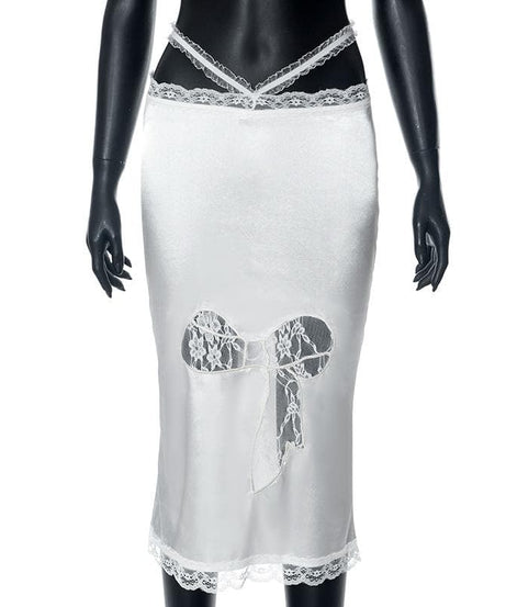 Enchanting White Lace Slip Midi Dress | Alluring Bow Cutout & Criss-Cross Back for Fall & Holiday Parties