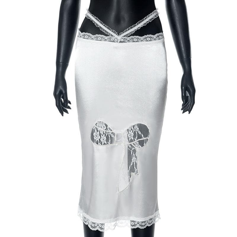 Enchanting White Lace Slip Midi Dress | Alluring Bow Cutout & Criss-Cross Back for Fall & Holiday Parties