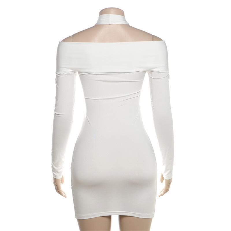 Sultry White Twisted Halter Cut-Out Mini Dress | Long Sleeve Bodycon for Fall & Party Nights