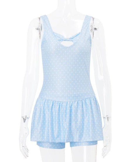 Women's Light Blue Polka Dot Swim Dress with Bowknot Detail & Shorts – Your Fall/Winter Vacation Essential