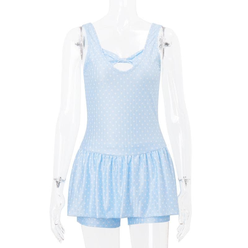 Women's Light Blue Polka Dot Swim Dress with Bowknot Detail & Shorts – Your Fall/Winter Vacation Essential