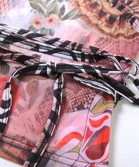 Chic Fall Mesh Wrap Top: V-Neck Long Sleeve Floral & Snake Print Statement