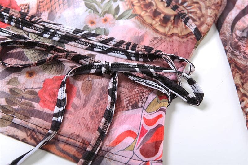 Chic Fall Mesh Wrap Top: V-Neck Long Sleeve Floral & Snake Print Statement