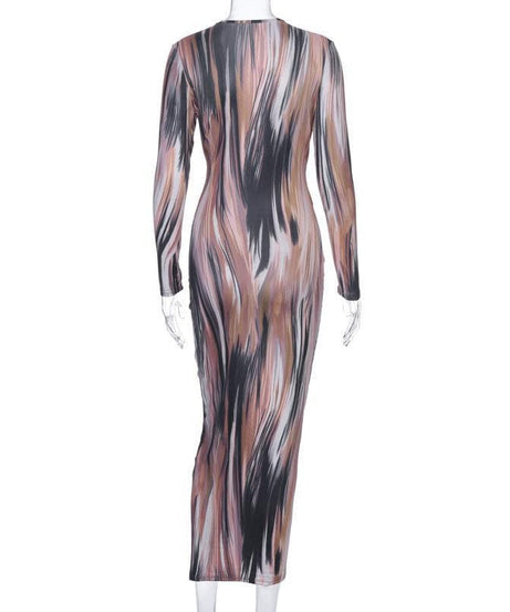 Chic Fall Abstract Print Maxi Dress | Deep V-Neck, Tie-Waist & Long Sleeve
