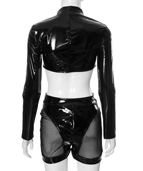 Sultry Wet Look Patent Leather Cropped Set - Edgy Clubwear & Halloween Ready