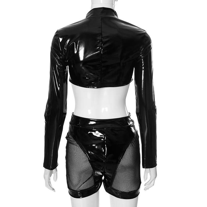 Sultry Wet Look Patent Leather Cropped Set - Edgy Clubwear & Halloween Ready