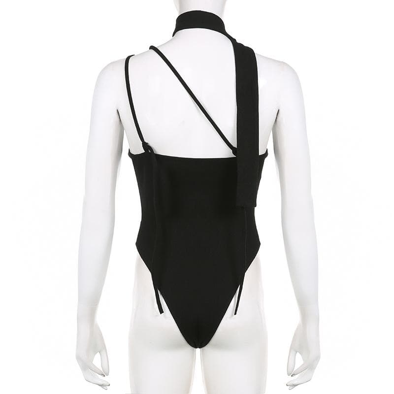 Chic Black Ribbed Halter Bodysuit with Asymmetrical Straps – Your Essential Fall Style