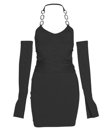 Elevate Your Fall Style: Ribbed Chain Halter Bodycon Mini Dress with Statement Sleeves