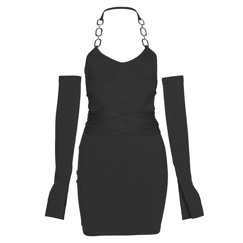 Elevate Your Fall Style: Ribbed Chain Halter Bodycon Mini Dress with Statement Sleeves