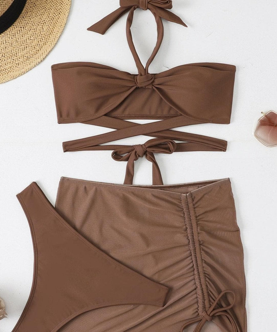 Chic Mocha 3-Piece Halter Bikini & Ruched Skirt Set | Your Ultimate Tropical Getaway Essential