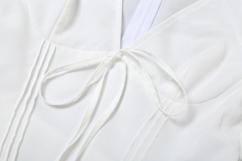 Coquette Fall Vibe: White Puff Sleeve Mini Dress with Sweetheart Tie-Front