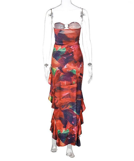 Autumn Bloom Strapless O-Ring Ruffle Midi Dress - Vibrant Party & Cocktail Chic