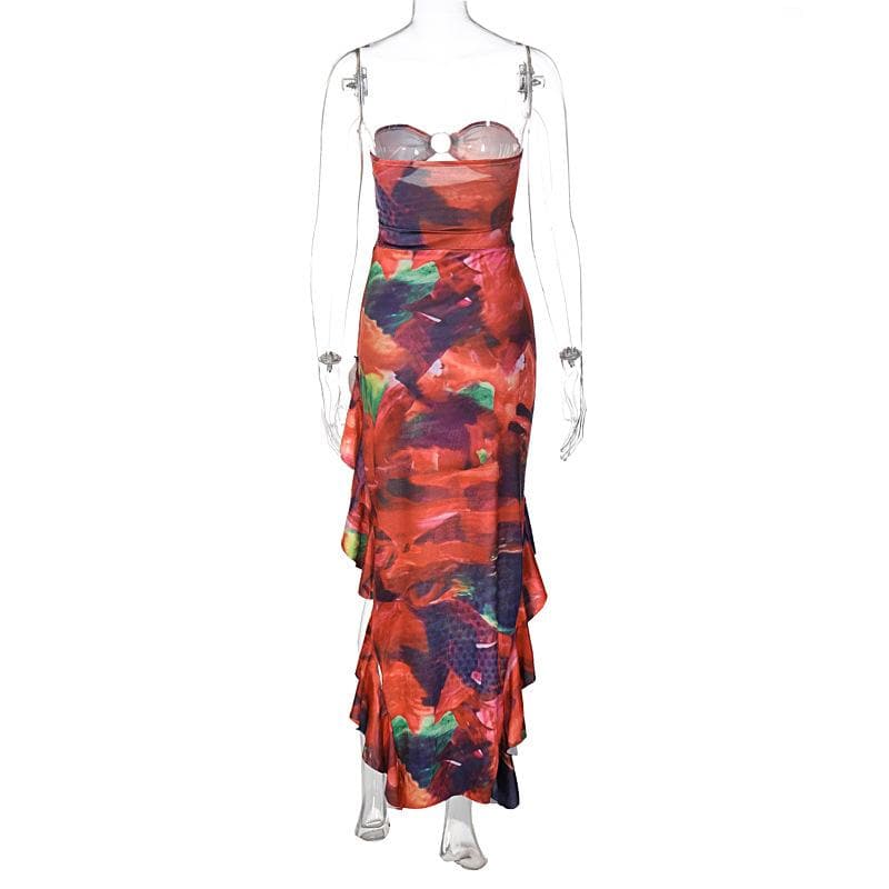 Autumn Bloom Strapless O-Ring Ruffle Midi Dress - Vibrant Party & Cocktail Chic