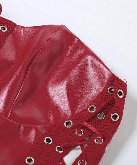 Sultry Red Faux Leather Lace-Up Corset Top - Your Edgy Statement for Fall & Halloween Nights