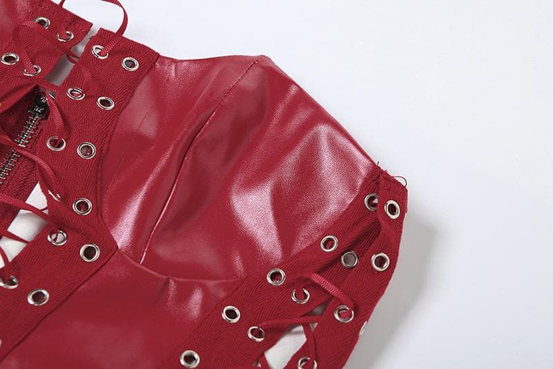 Sultry Red Faux Leather Lace-Up Corset Top - Your Edgy Statement for Fall & Halloween Nights