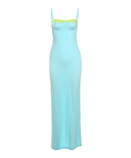 Siren Aqua Bodycon Maxi Dress with Neon Lime Lace Bust – Perfect for Fall Getaways & Glam Events