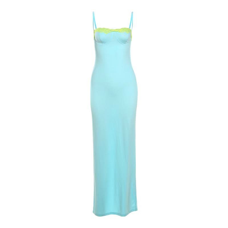 Siren Aqua Bodycon Maxi Dress with Neon Lime Lace Bust – Perfect for Fall Getaways & Glam Events