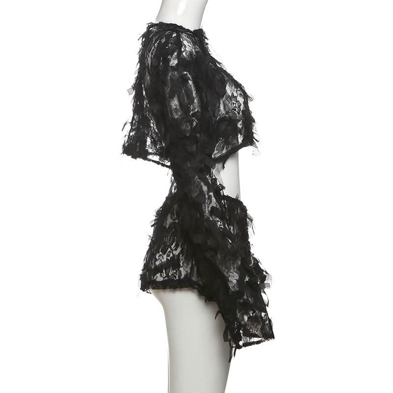 Spooky Chic Shredded Lace Crop Top & Shorts Set - Halloween & Party Ready