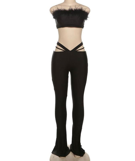Glam Feather Tube Top & Cutout Flare Pants Set - Ultimate Fall Party & Halloween Style