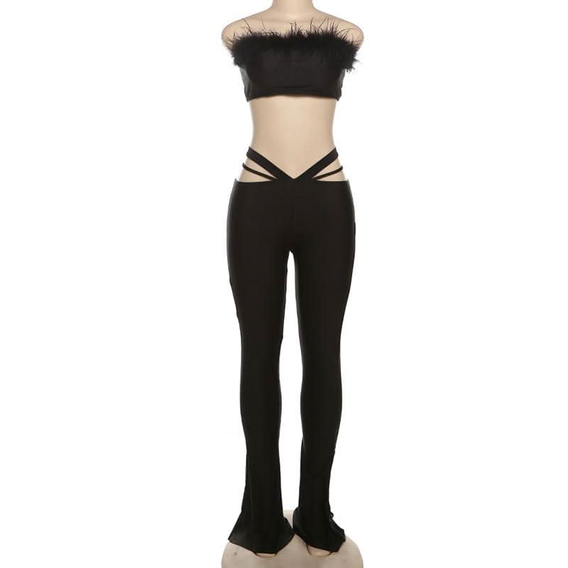 Glam Feather Tube Top & Cutout Flare Pants Set - Ultimate Fall Party & Halloween Style
