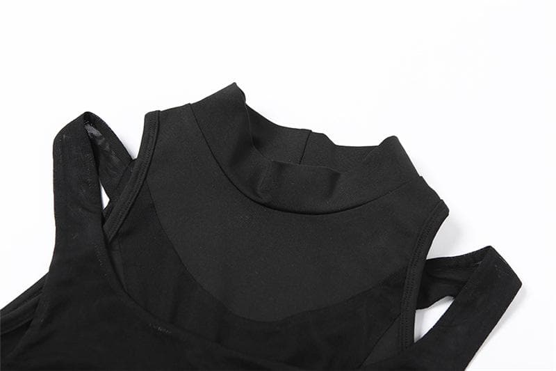Edgy Mesh Utility Corset Top - High Neck Zip-Up Tactical Streetwear for Fall