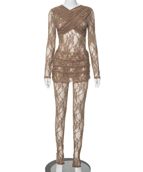 Gothic Chic Sheer Lace Mini Dress & Leggings Set - Perfect for Halloween & Fall Nights Out