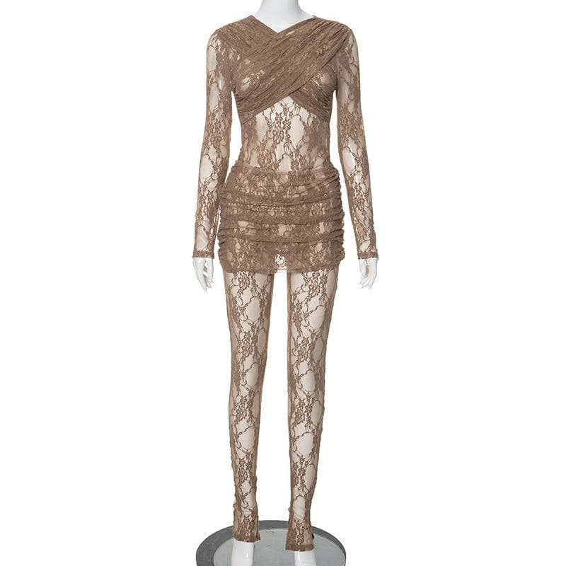 Gothic Chic Sheer Lace Mini Dress & Leggings Set - Perfect for Halloween & Fall Nights Out