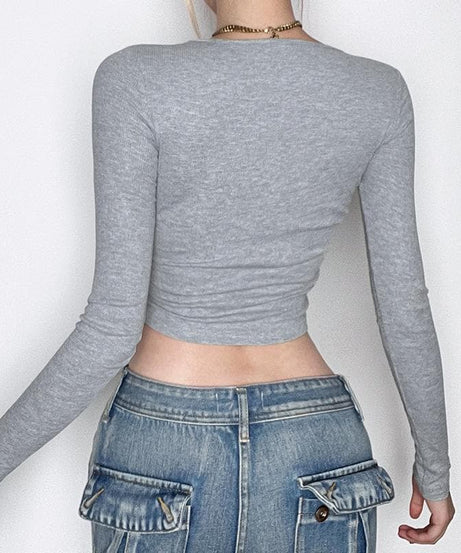 Chic Fall Nights Sweetheart Lace Long Sleeve Crop Top - Y2K Ribbed Tee