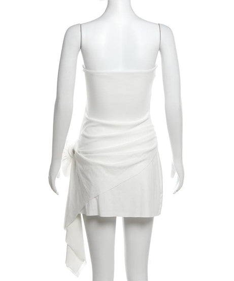 Glam White Strapless Mini Dress: Ruched Asymmetrical & 3D Floral – Fall & Holiday Event Ready
