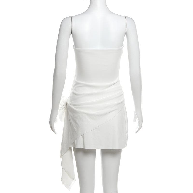Glam White Strapless Mini Dress: Ruched Asymmetrical & 3D Floral – Fall & Holiday Event Ready