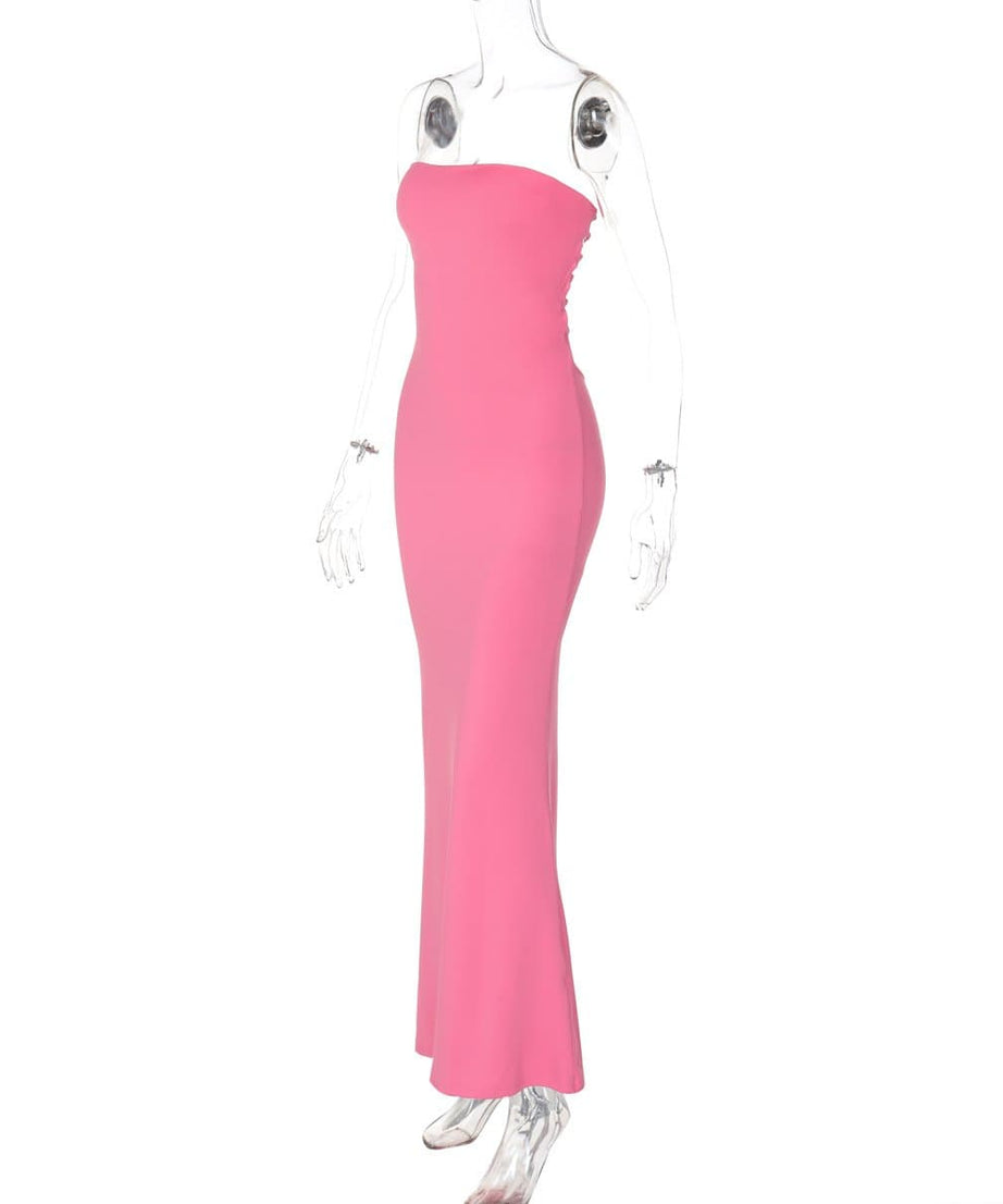 Slay the Scene: Hot Pink Strapless Maxi Gown with Knotted Lace-Up Back | Fall & Holiday Event Dress