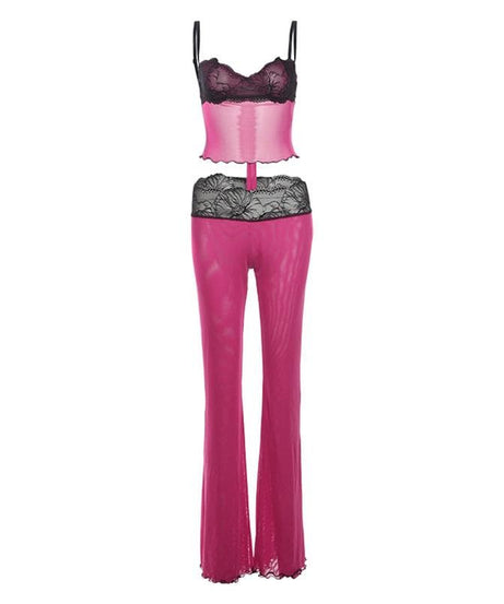 “Sultry Siren” Black Lace Mesh Sweetheart Cami & Flare Pant Set | Halloween & Fall Nights