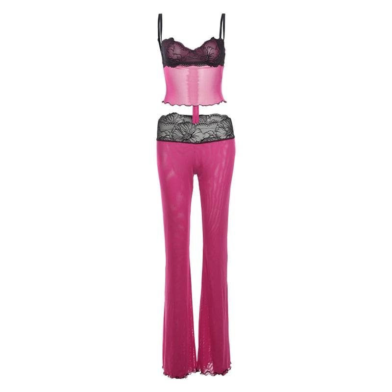 “Sultry Siren” Black Lace Mesh Sweetheart Cami & Flare Pant Set | Halloween & Fall Nights