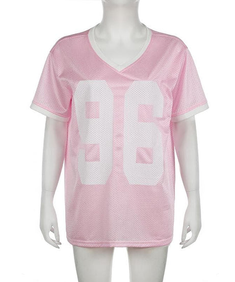Women's Pink '96' Mesh Jersey V-Neck Top - Fall Game Day & Sporty Athleisure