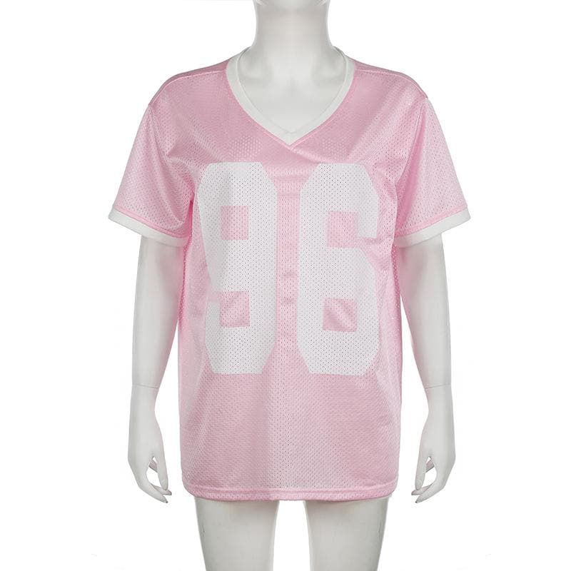 Women's Pink '96' Mesh Jersey V-Neck Top - Fall Game Day & Sporty Athleisure