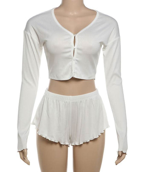 Dreamy Fall Comfort: Women's Long Sleeve Crop Top & Ruffle Shorts Loungewear Set