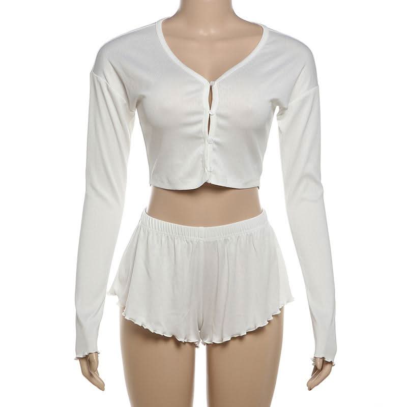 Dreamy Fall Comfort: Women's Long Sleeve Crop Top & Ruffle Shorts Loungewear Set