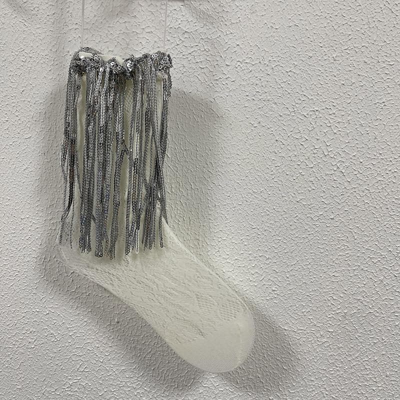 Dazzling Silver Fringe & Lace Ankle Socks – Your Ultimate Holiday Party Statement!