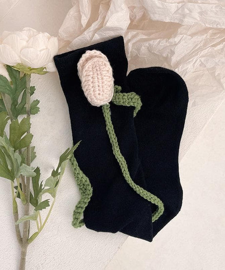 Charming Crochet Rose Black Knee-High Socks - Whimsical Fall & Holiday Style