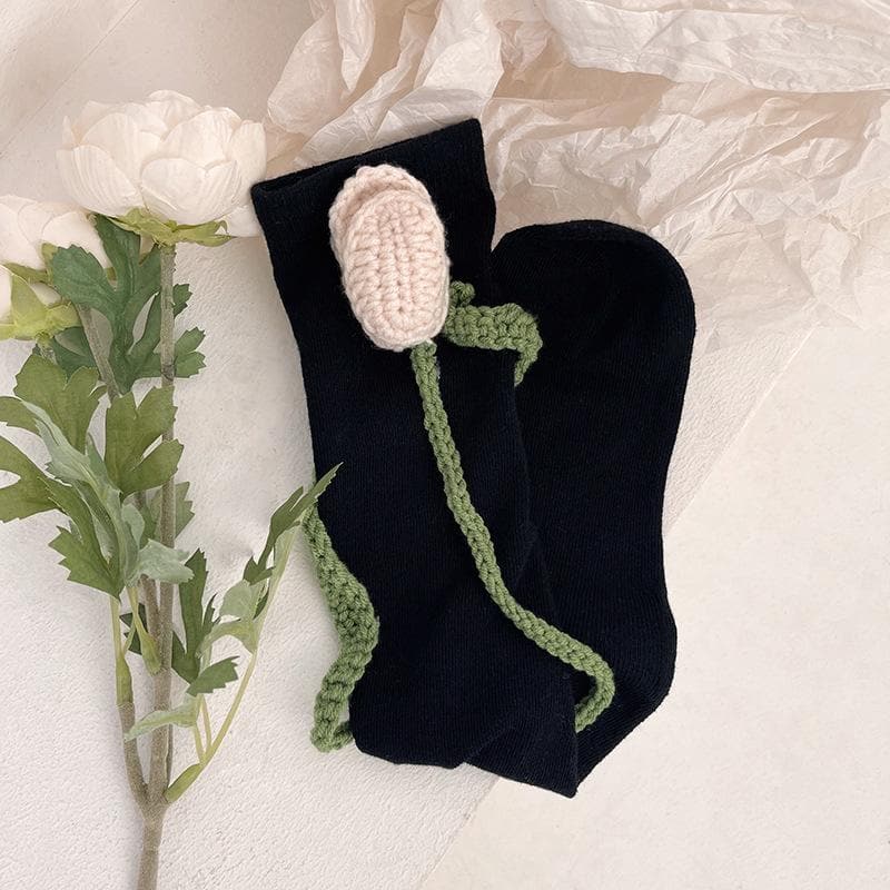 Charming Crochet Rose Black Knee-High Socks - Whimsical Fall & Holiday Style