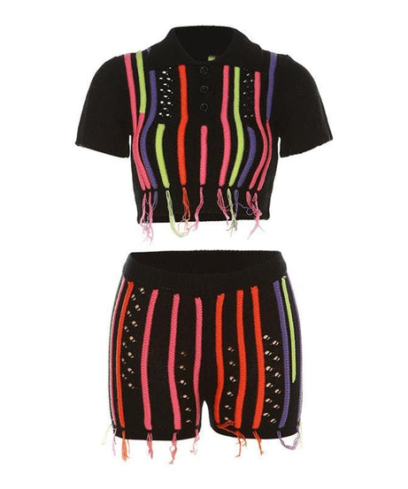 Vibrant Neon Stripe Knit Crop Top & Shorts Set | Fall Party & Getaway Ready