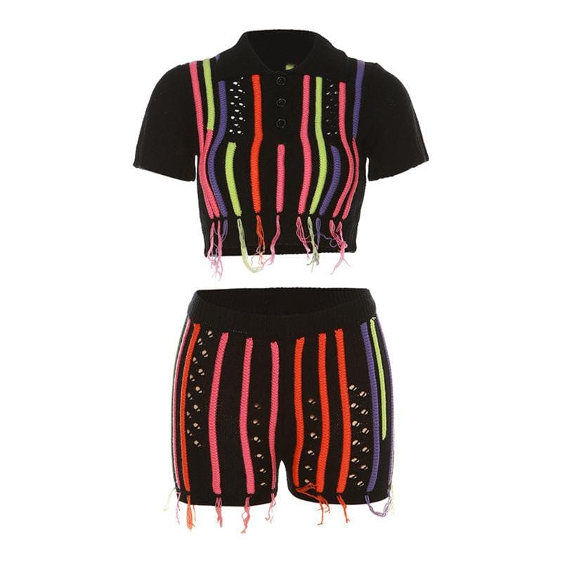 Vibrant Neon Stripe Knit Crop Top & Shorts Set | Fall Party & Getaway Ready