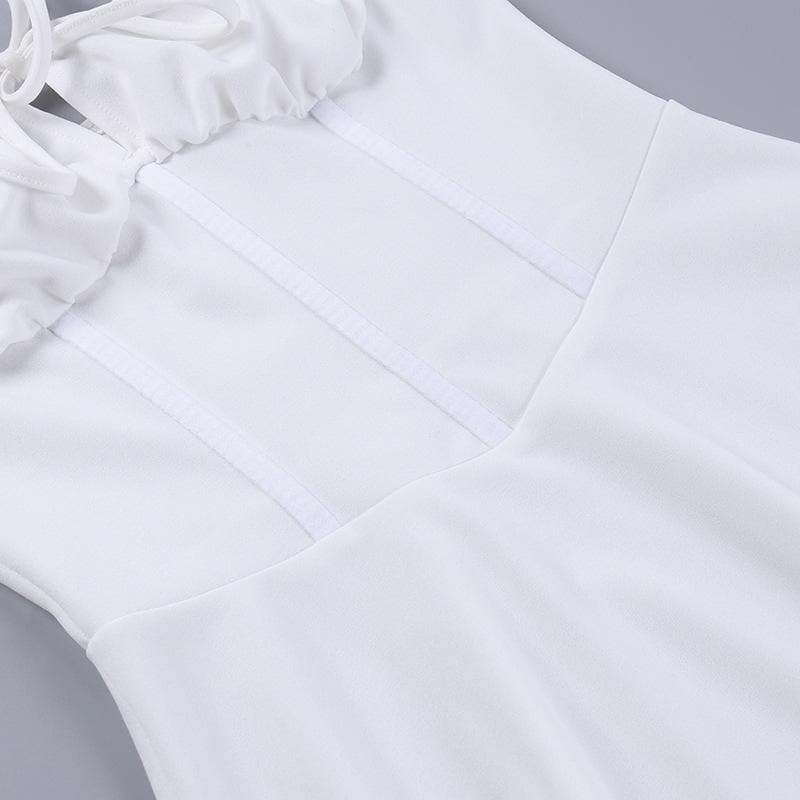 White Drawstring Ruched Bustier Mini Dress - Flirty Cami Cutout for Parties, Vacations & Halloween