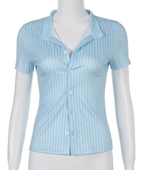 Effortless Chic: Women's Blue & White Striped Button-Down Top - Fall Transitional Style
