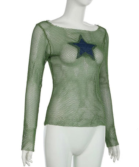 Y2K Grunge Star Mesh Long Sleeve Top - Edgy Fall Layering & Festival Chic for Women