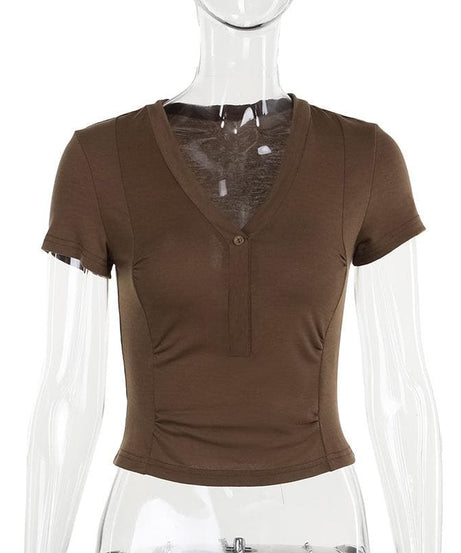 Women's Effortless Chic Mocha V-Neck Henley Crop Top - Your Essential Fall Layer